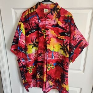 HAPPY BAY Hawaiian Red Aloha Button Up Shirt XXL Quick Dry Terivoile Lightweight